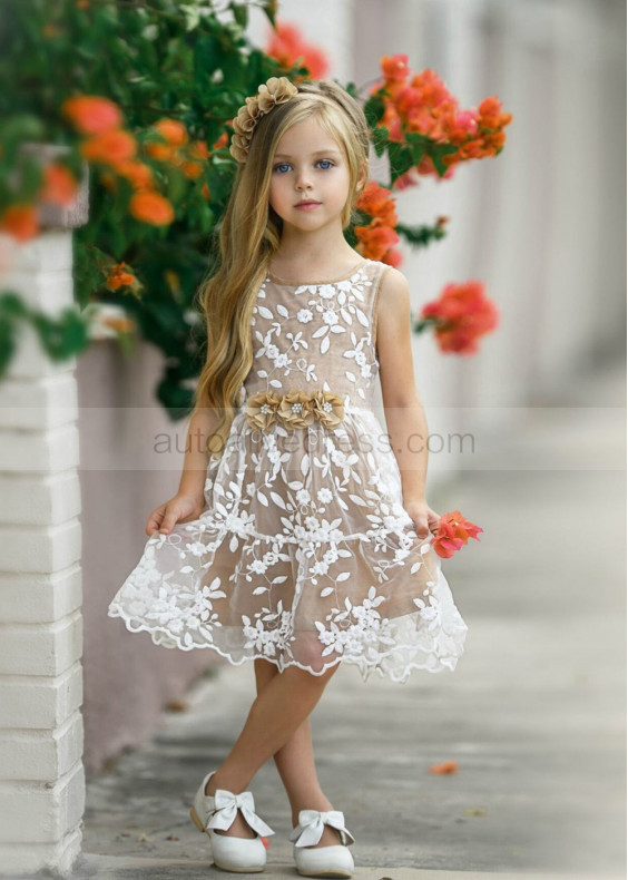 White Embroidered Organza Short Rustic Flower Girl Dress